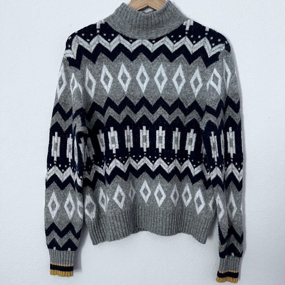 J.Crew Alpaca Wool Blend Fair Isle Womens Turtleneck Sweater Grey Navy L